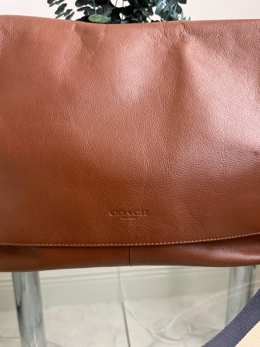 Coach Brown Leather Messenger Bag with Striped Strap